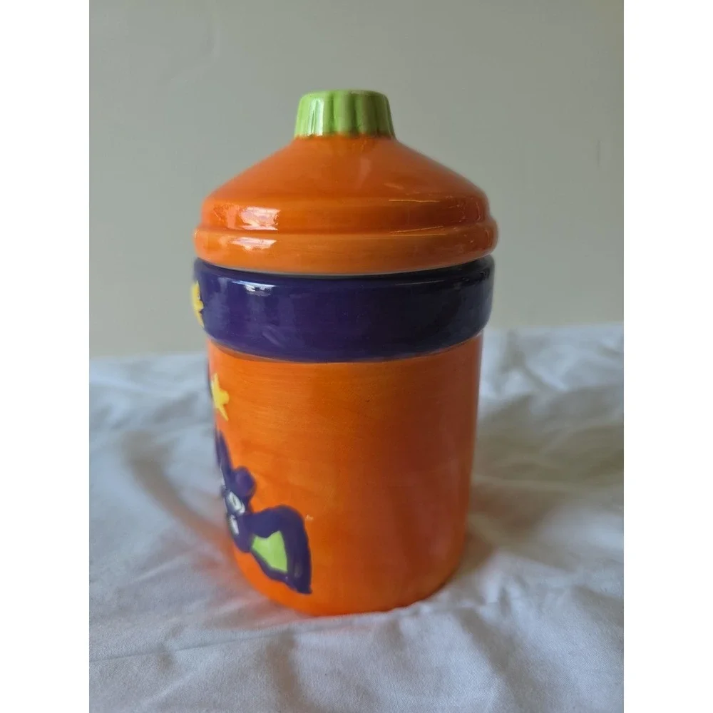 Trick Or Treat Small Lidded Candy Jar Canister Purple Bats Halloween‎